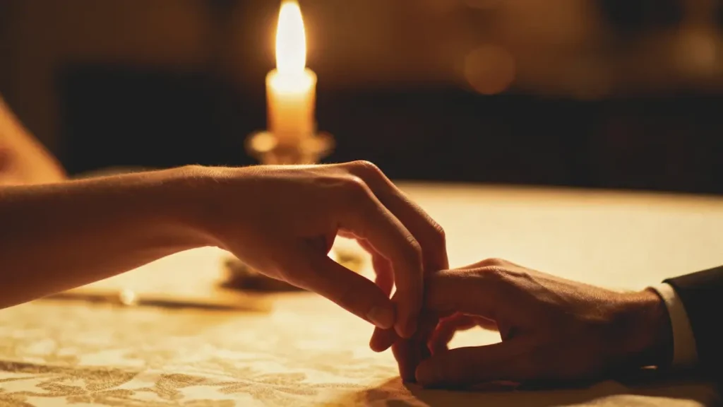 Hands gently touching across a candlelit table, symbolising intimacy and emotional connection often sought when men book escorts.